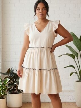 Ruffle Sleeve Tiered V-Neck Dress Black Tie Blush Pink Size 2XL Coquette Spring